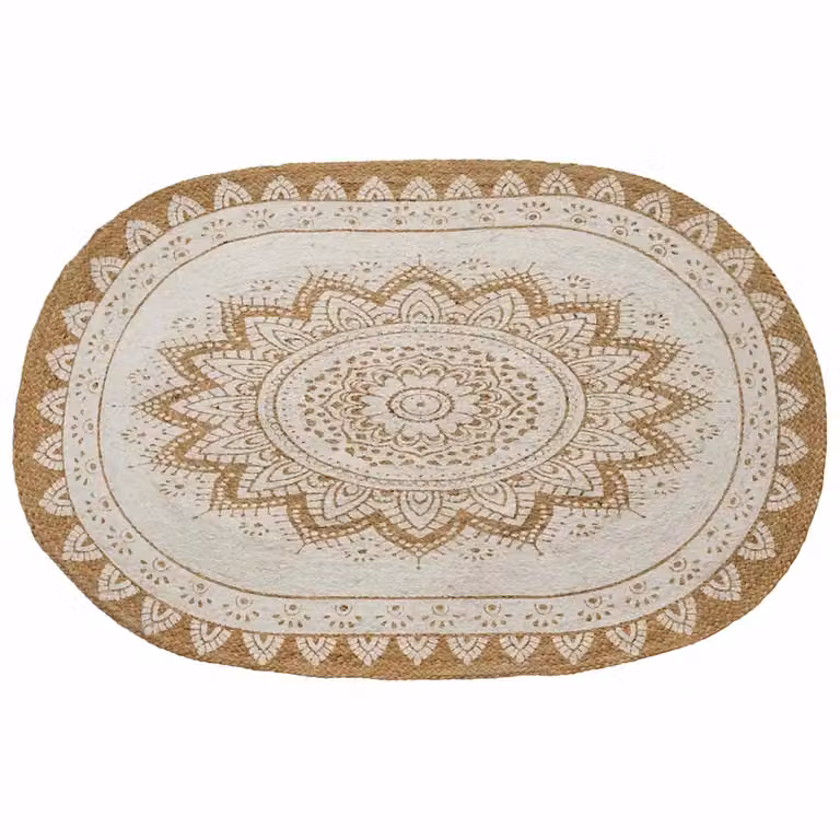 Tappeto in juta vidaXL con stampa floreale bianca e beige, modello moderno e antiscivolo, L: 100 cm x P: 152 cm