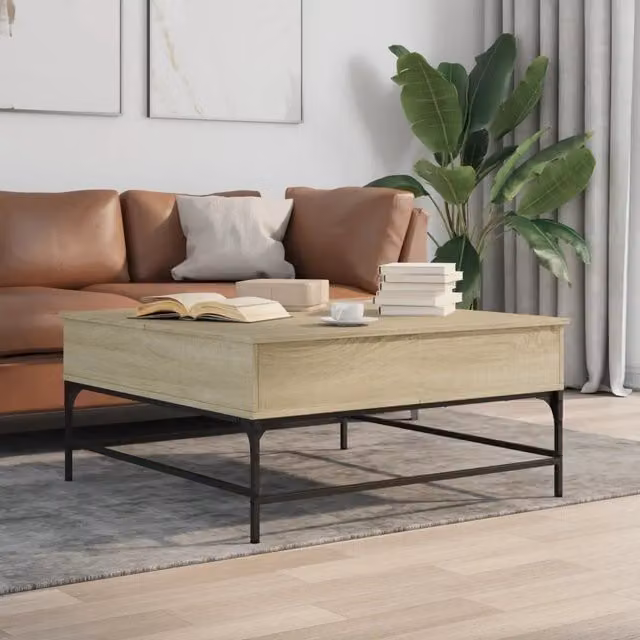 Tavolino da soggiorno quadrato vidaXL in legno rovere e metallo, marrone e beige, L 95 x P 95 x H 45 cm – 1
