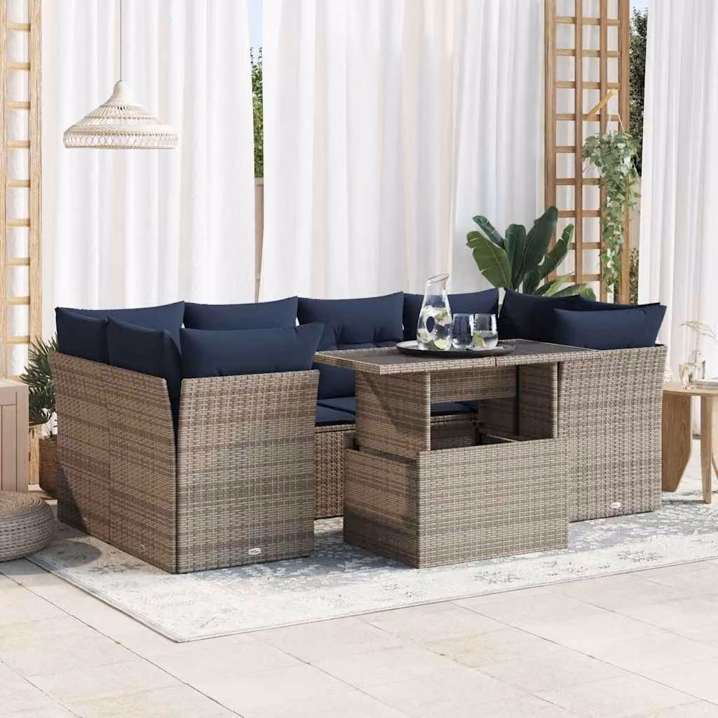 Set Divani da Giardino vidaXL 7 Pezzi a Forma di U in Polyrattan e Legno di Acacia con Cuscini Blu e Grigio