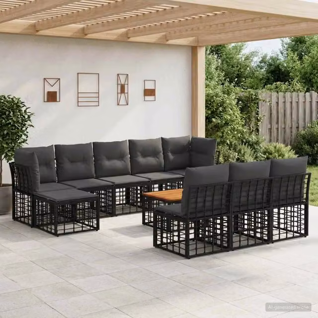 Set di divani da esterno 11 pz Nero e Grigio scuro Poliestere 3437563