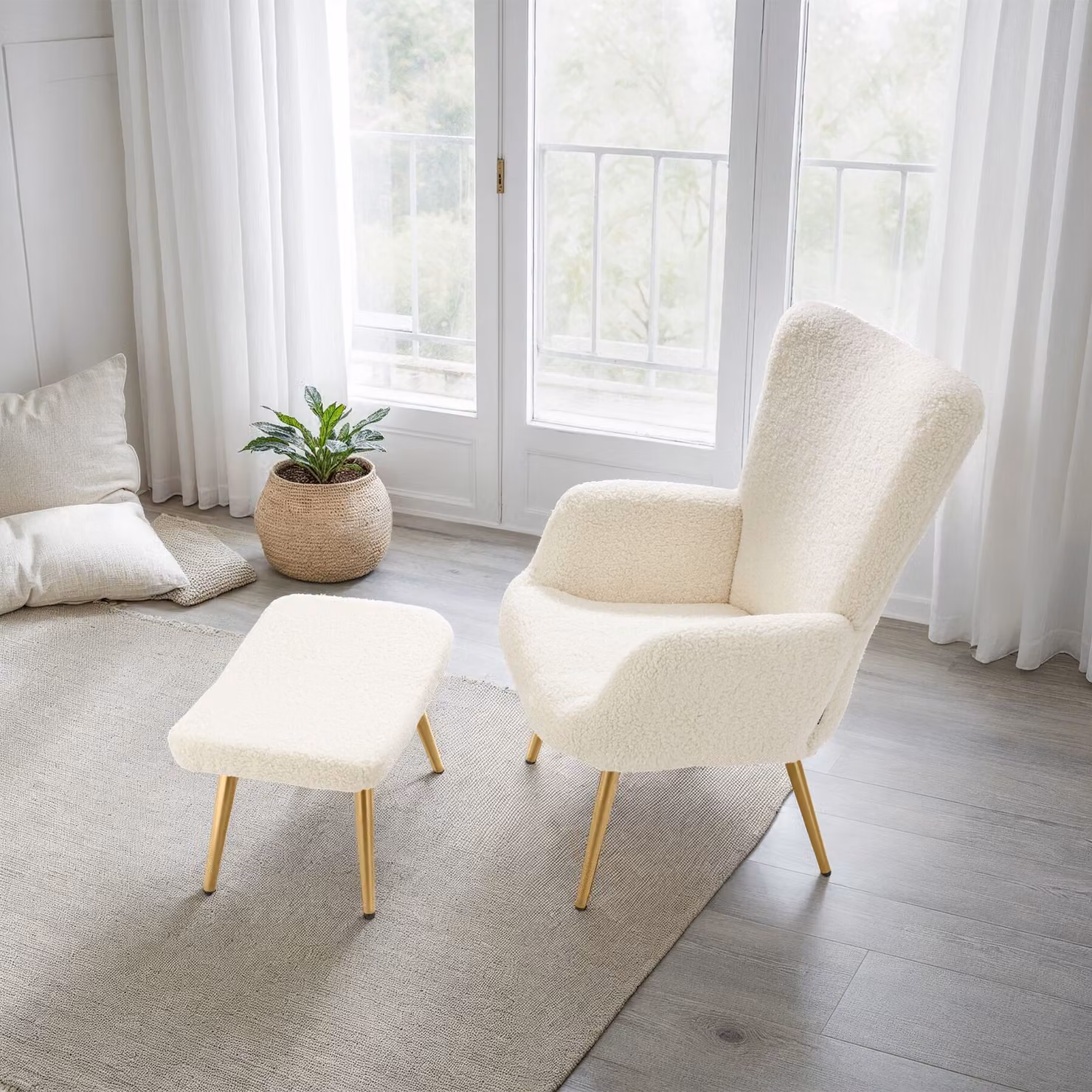 Poltrona con orecchie e pouf in stile scandinavo tectake, rivestimento in bouclé beige e oro, L: 100.5 cm, P: 72 cm, H: 76 cm – 2