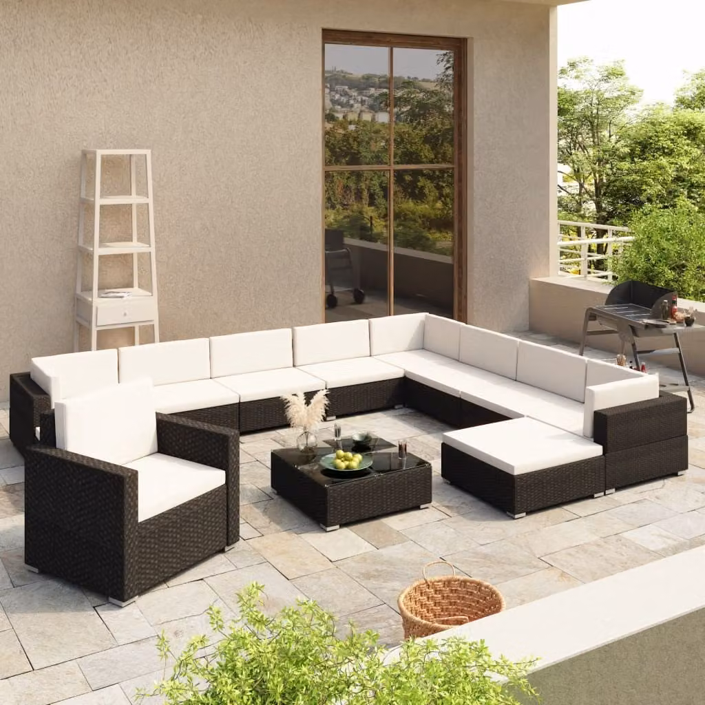 The Living Store Set salotto da giardino 12 pezzi con cuscini in poly rattan nero