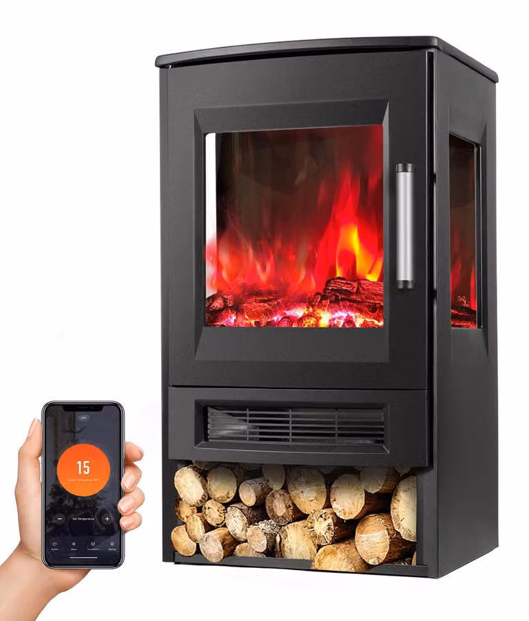 Camino elettrico da 900/1800 W, con telecomando e 8 colori di fiamma, nero, modello da pavimento