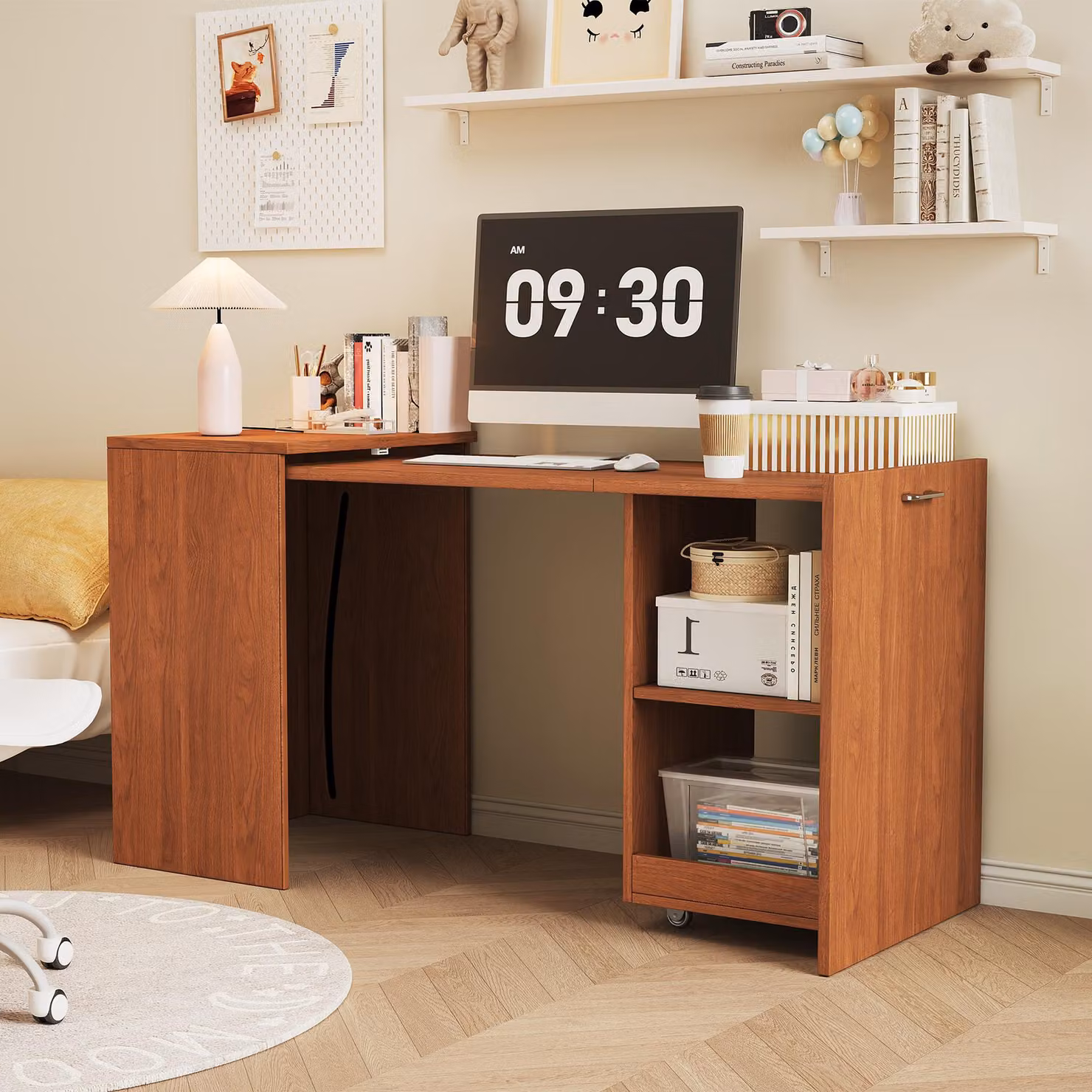 Scrivania multifunzionale Flieks con due scomparti portaoggetti, ideale come scrivania o postazione per computer, dimensioni 126x55x75 cm, finitura noce