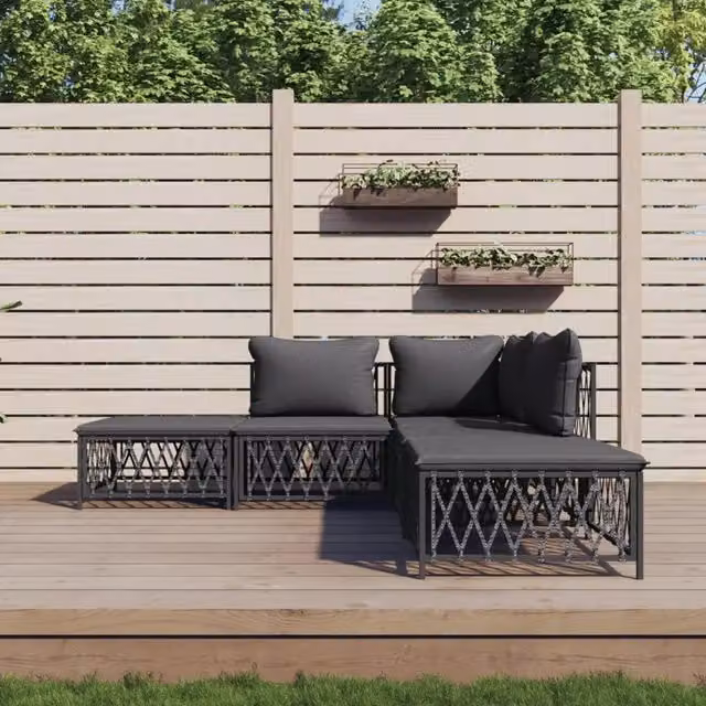 Set Salotto da Giardino vidaXL a Forma di L con 5 Pezzi, Struttura in Acciaio Antracite e Cuscini Grigi