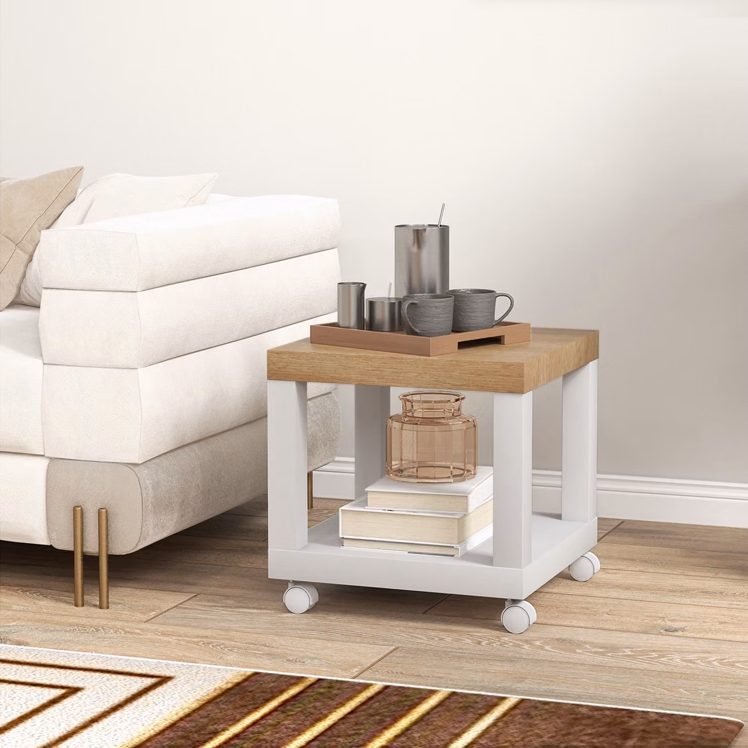 Tavolino da soggiorno HOMCOM con rotelle e mensola aperta, legno naturale e bianco, L/P/H: 40 x 40 x 40 cm – 2