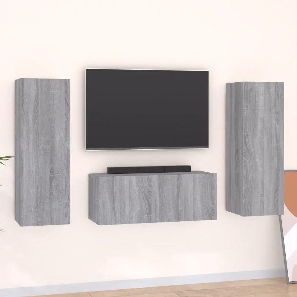 Set di mobili porta TV da 3 pezzi in legno multistrato grigio, design classico per il tuo soggiorno – 2