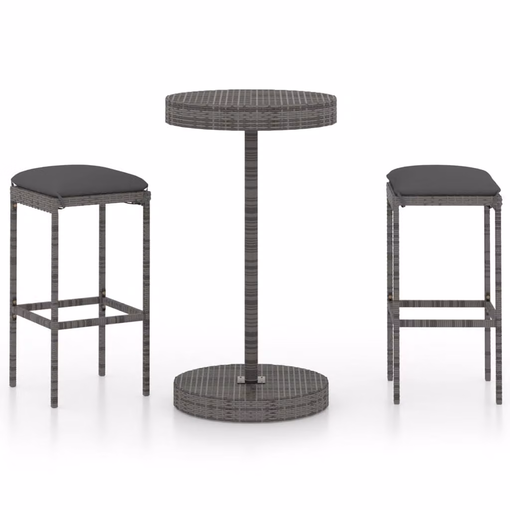 Set Bar da Giardino 3 pz con Cuscini in Polyrattan Grigio