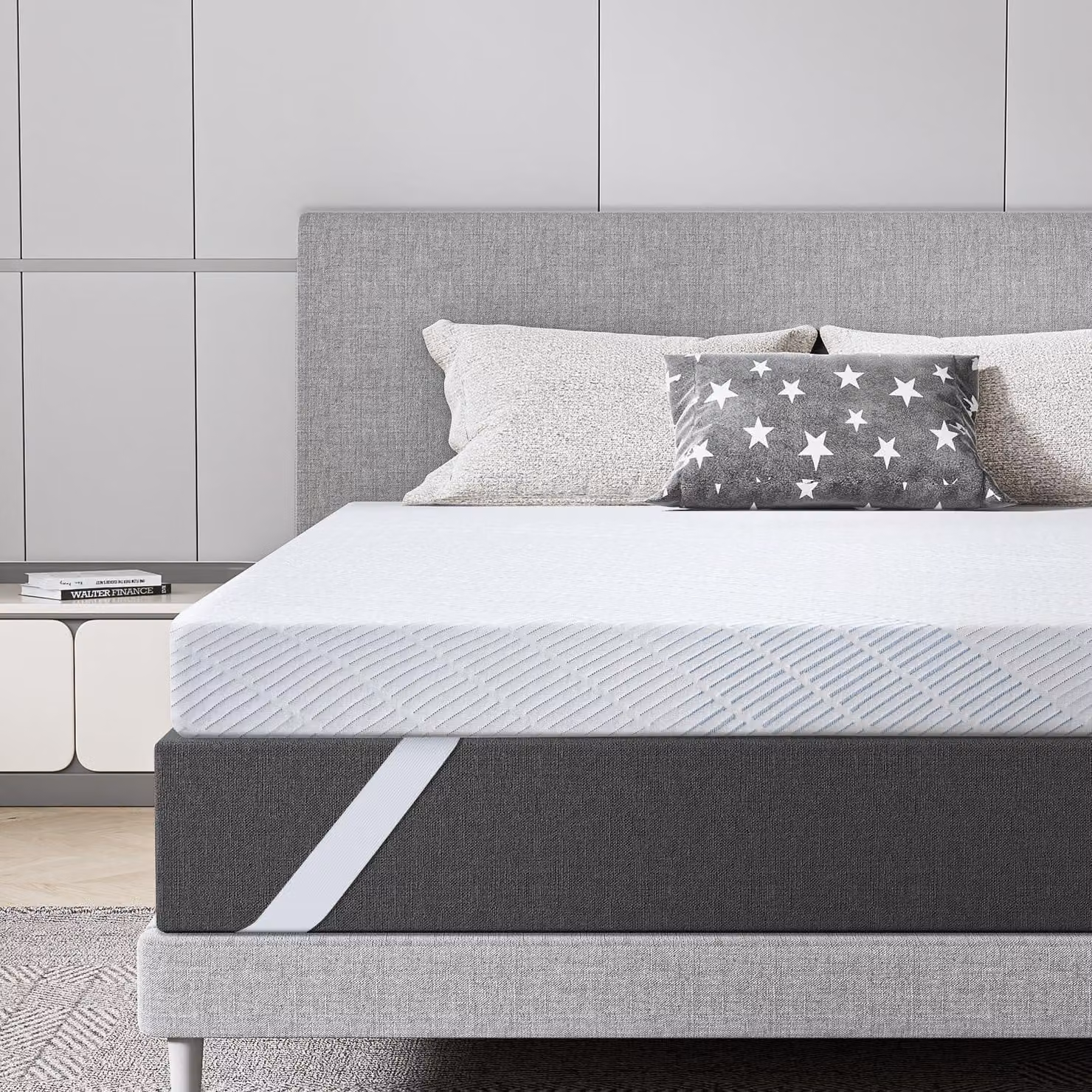 Materasso topper in memory foam con gel, dimensioni 90x200 cm, altezza 7,6 cm, adatto a letti con rigidità H2 e H3, con rivestimento traspirante in fibra di bambù, colore bianco