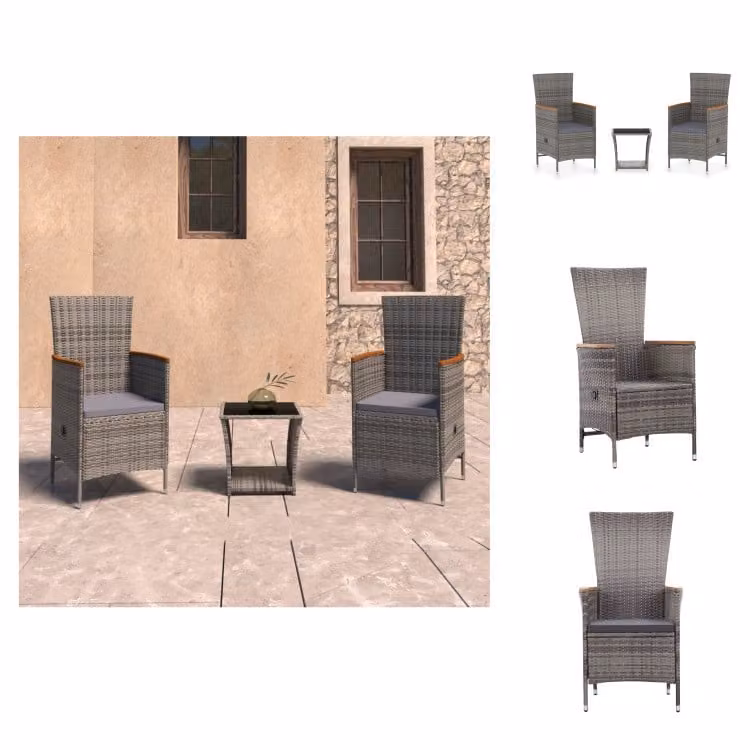 vidaXL Set di 3 pezzi con cuscini in rattan grigio - Set di mobili da giardino