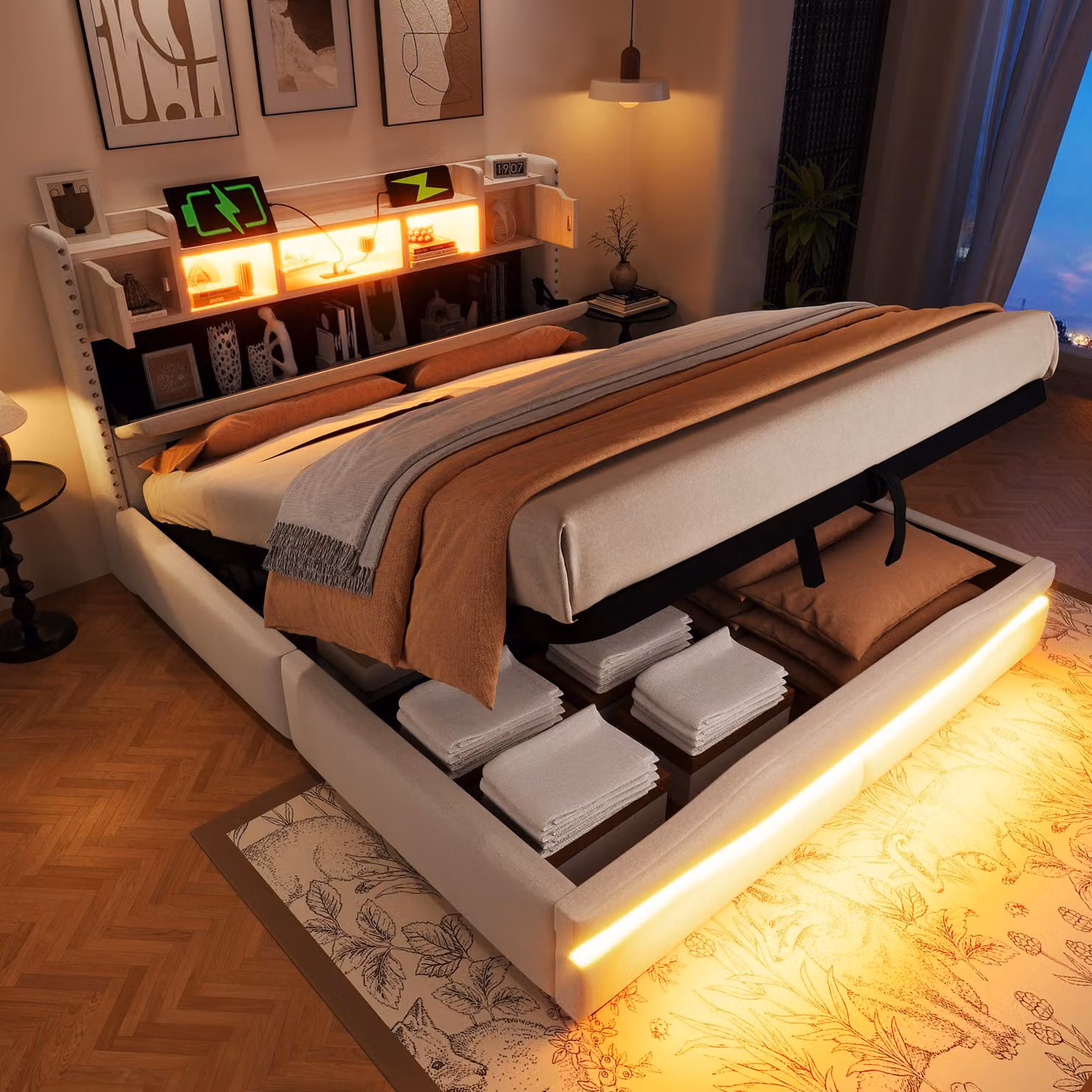 MODFU Letto imbottito con contenitore 160x200, letto per bambini con presa USB e luce d'atmosfera telecomandata, senza materasso, contenitore nella testata, beige