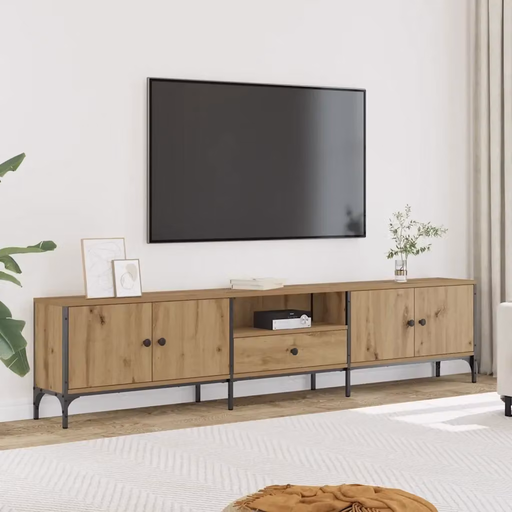 Mobile porta TV in stile industriale con cassetto, colore marrone, L/P/H: 200 x 25 x 44 cm – 2