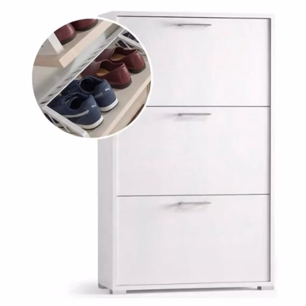 Scarpiera Amelisa DMORA, Mobile porta scarpe moderno con 3 ante a ribalta push to open, Bianco, L: 67 cm, P: 18 cm, H: 112 cm – 2