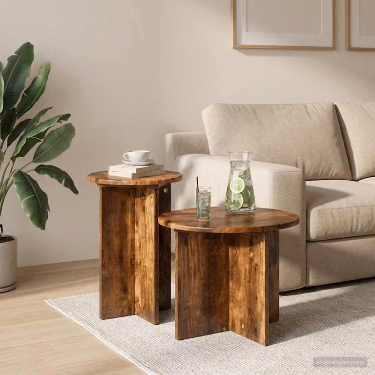 Set di 2 tavolini rotondi vidaXL in legno ingegnerizzato Rovere Fumo, colore marrone