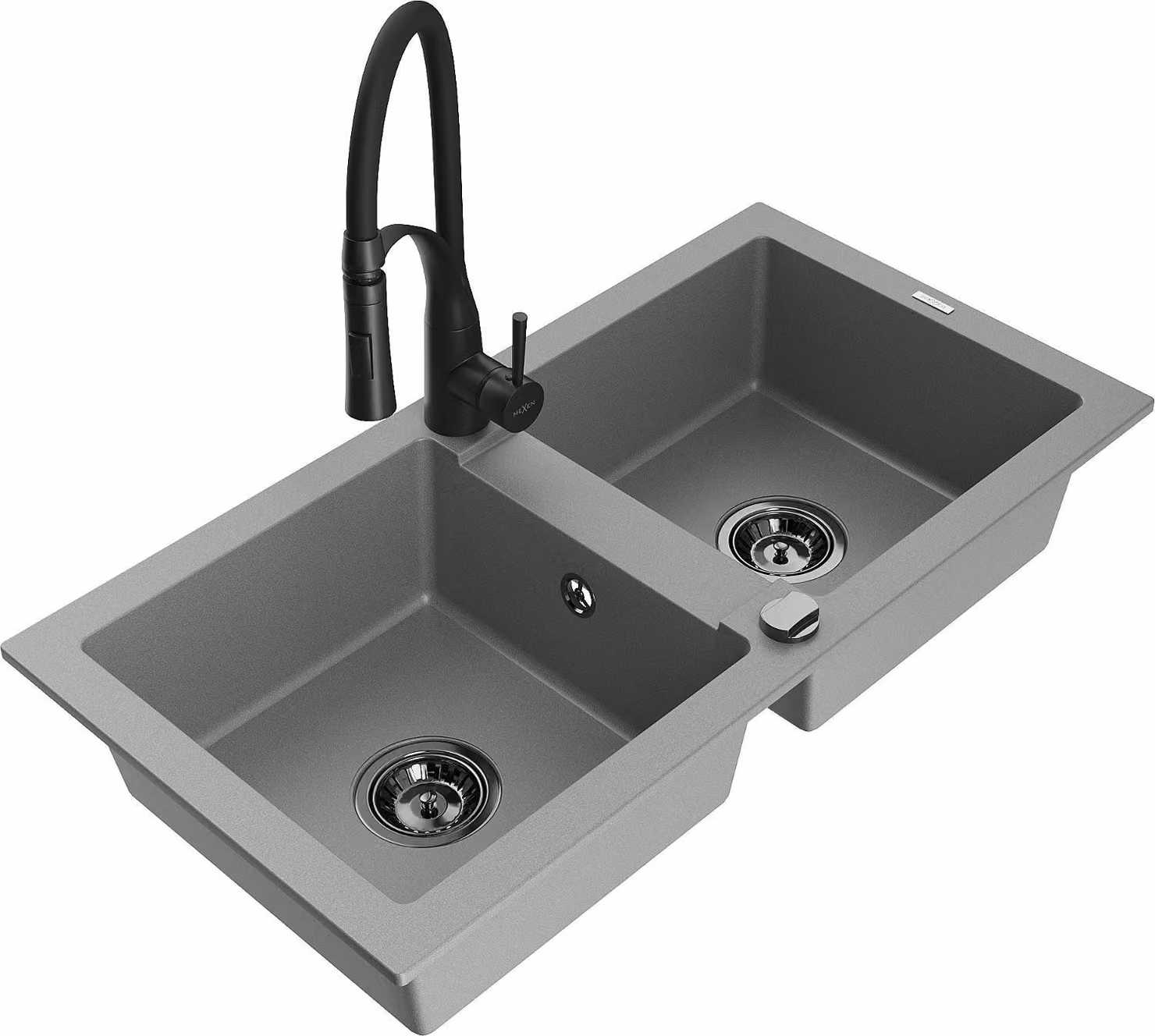 Mexen Mario lavello da cucina in granito a 2 vasche con rubinetto Aster, grigio - 6504-71-73450-70-B