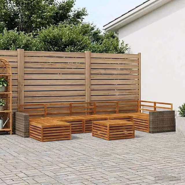Set di divani da esterno a L vidaXL in legno di acacia marrone con 8 pezzi, tavolo da caffè e pouf inclusi