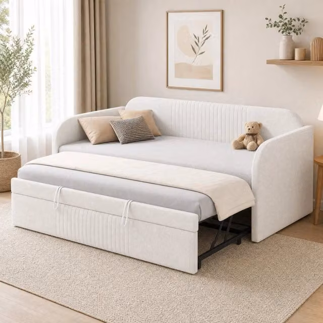 Divano letto estensibile REDOM in tessuto beige a righe con struttura in metallo e rete a doghe L/P: 90 x 190 cm