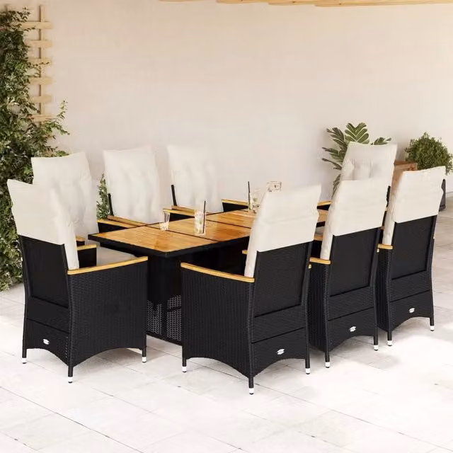 Set Bistrò da Giardino vidaXL in Polyrattan e Legno di Acacia Nero e Bianco 9 pz – 1