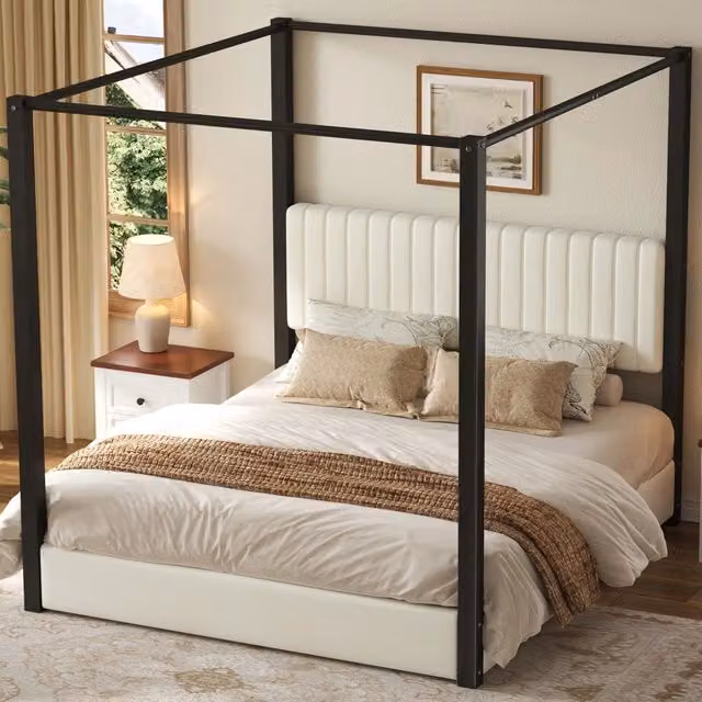 Letto a baldacchino Mivray con testiera imbottita in velluto, struttura in MDF e metallo, beige e nero, L: 180 cm, P: 200 cm, H: 206 cm – 1