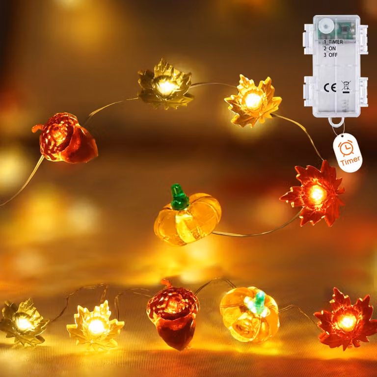 Catena luminosa da 3 metri, con 20 LED, decorata con foglie d'acero e zucche, alimentata a batteria