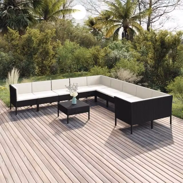 Set di Divani da Giardino a Forma di U con 11 Pezzi vidaXL, Colore Nero e Bianco, con Cuscini e Struttura in Metallo e Polyrattan – 1