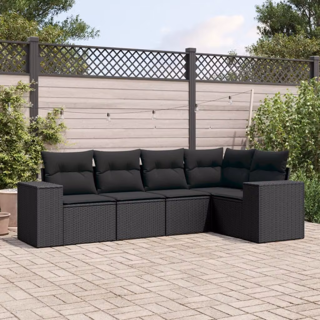Set Divani da Giardino vidaXL 5 pz a Forma a L con Cuscini in Polyrattan e Acciaio Nero – 1