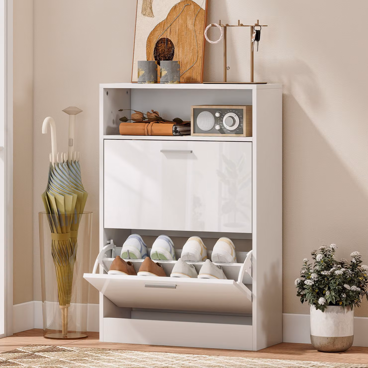 Scarpiera HOMCOM bianca con 2 cassetti ribaltabili e mensole regolabili, design moderno e finitura lucida – 2