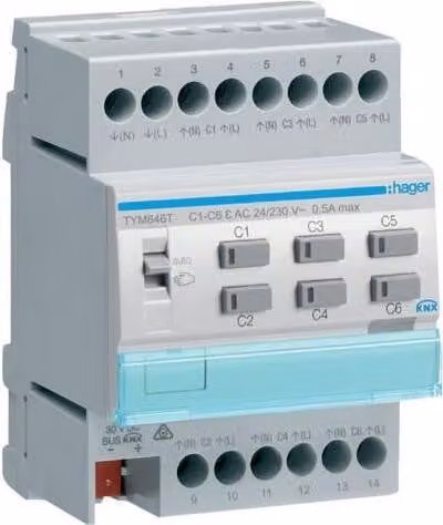 Hager TYM646T Attuatore per case intelligenti Montaggio su guida DIN Innesco per tapparelle/ciechi 6 canali (TYM646T)