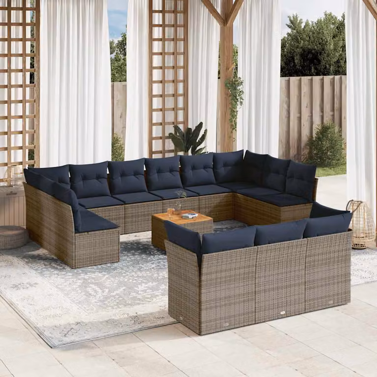 Set di Divani da Giardino vidaXL 14pz a Forma di U in Polyrattan Grigio con Cuscini Blu e Tavolino da Esterno