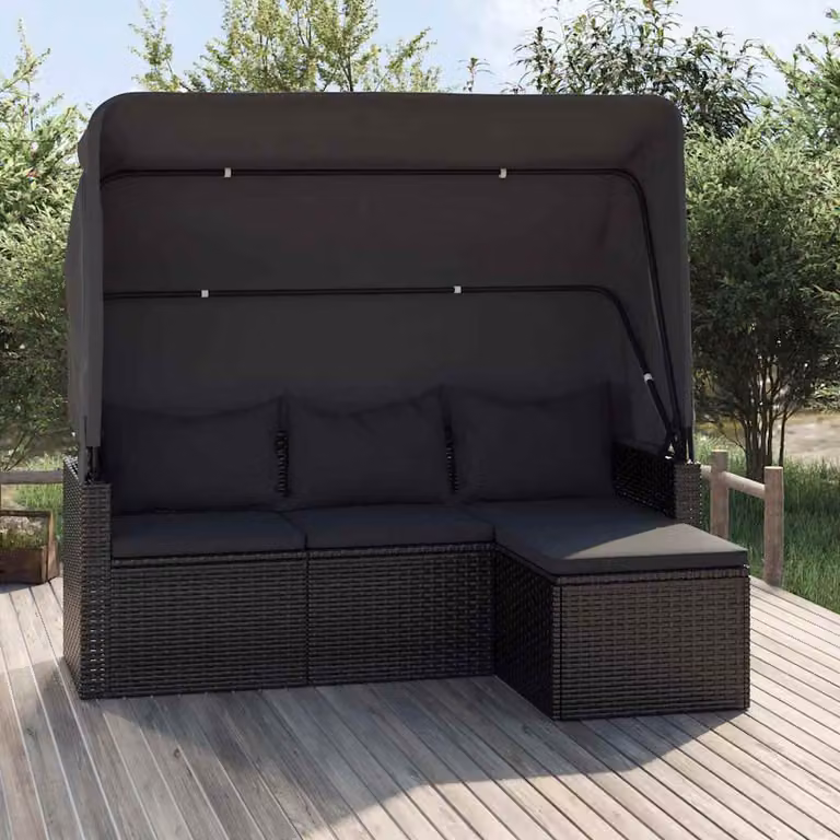 vidaXL Divano da Giardino Moderno a L con Tetto e Poggiapiedi in Polyrattan Nero