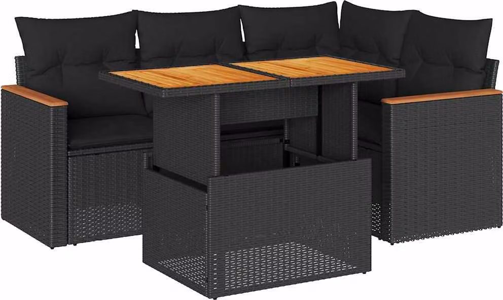 Set Divani da Giardino 5 pz con Cuscini Nero Polyrattan Acacia