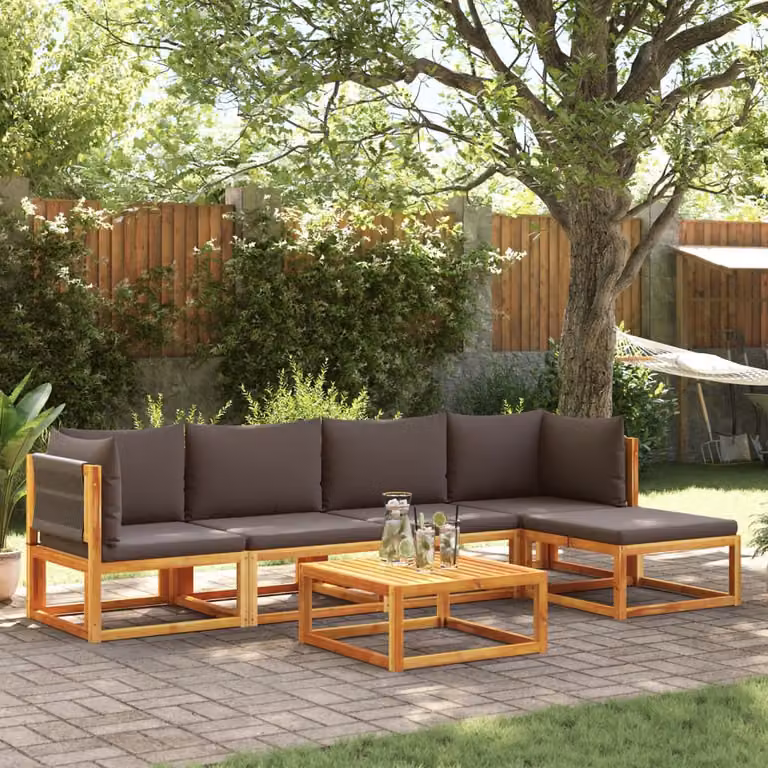 Set di divani da giardino vidaXL a 6 pezzi in legno di acacia con cuscini e tavolino, colore marrone e grigio