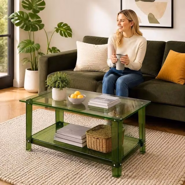 Tavolino in Acrilico; Rettangolare a 2 Livelli con Spazio di Acrilico; Moderno Tavolino da Caffè; per Sala da Pranzo; 50 x 80 x 40 cm; Verde