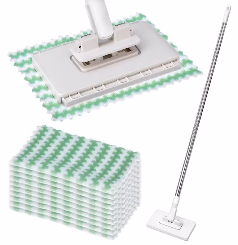 Set per la pulizia dei pavimenti, con manico in acciaio inossidabile da 100 cm, 10 panni in microfibra e sistema di fissaggio a pressione