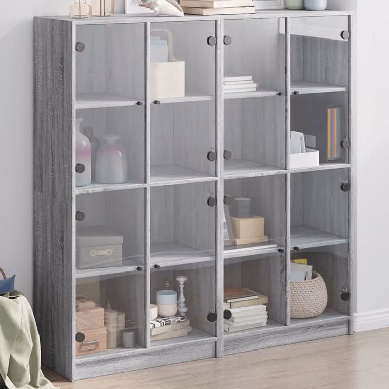 Libreria moderna vidaXL con ante in vetro e ripiani interni, Grigio, L: 136 cm, P: 37 cm, H: 142 cm