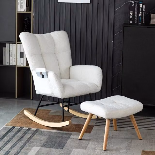 Sedia a dondolo con pouf REDOM in tessuto bouclé bianco e struttura in legno, Altezza: 92 cm