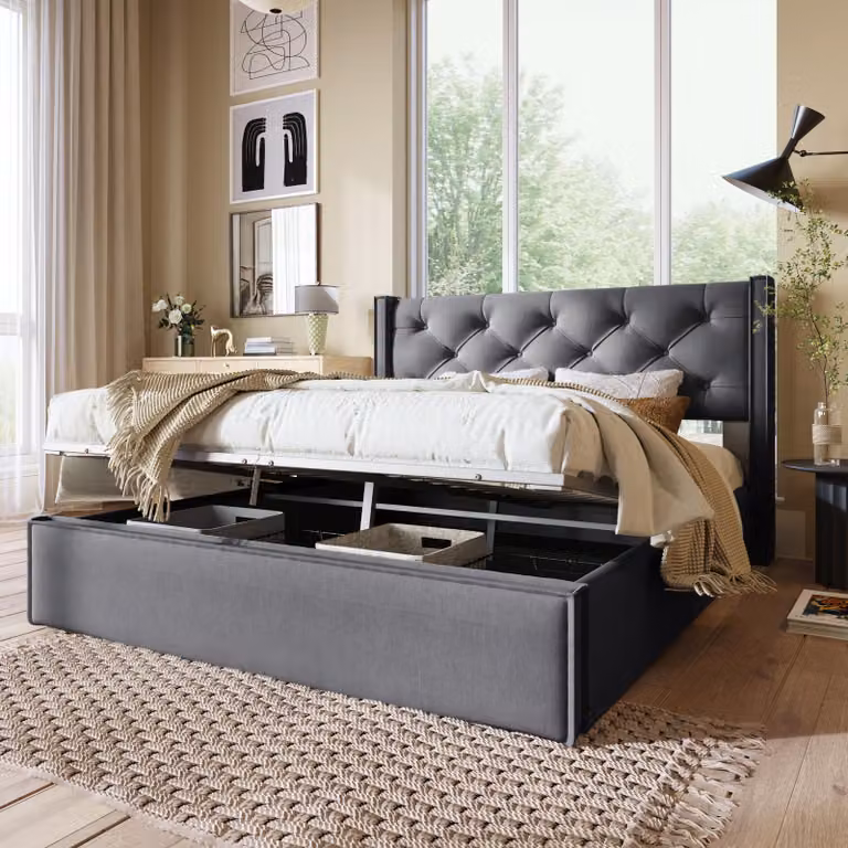 okwish Letto matrimoniale idraulico imbottito 160x200 cm, letto con rete a doghe su struttura in metallo, struttura moderna con contenitore, colore grigio (materasso escluso)