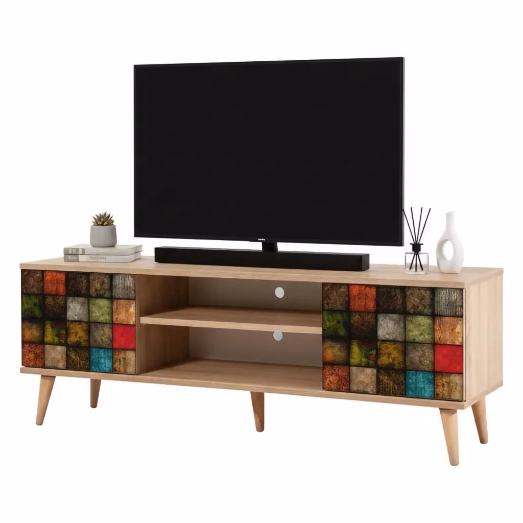 Mobile porta TV Enrica DMORA, Credenza da soggiorno moderna in legno e metallo, L: 140 cm, P: 40 cm, H: 50 cm, Multicolore – 2