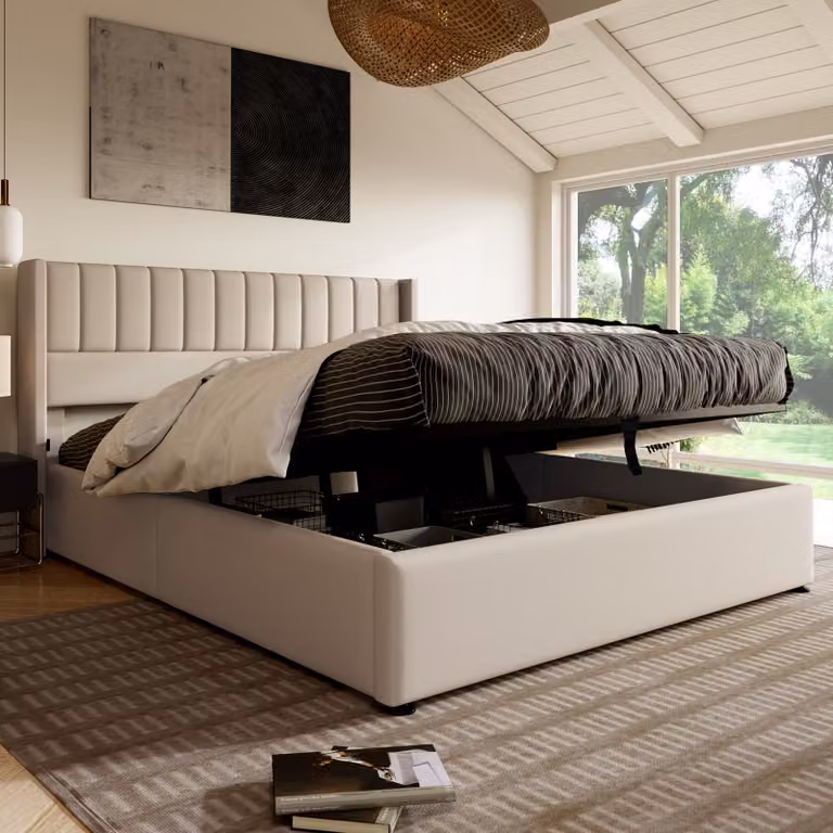 Letto imbottito Merax 140x200cm con rete senza piastra, letto matrimoniale idraulico con rete a doghe, letto da camera funzionale in lino, beige