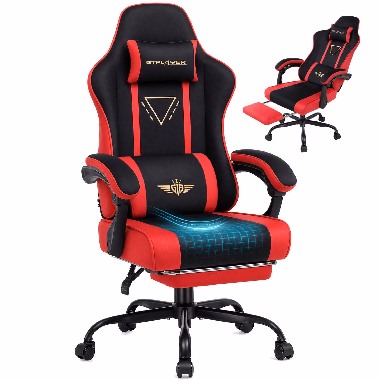 Sedia da gaming GTPLAYER, ergonomica, con rivestimento in tessuto, cuscino imbottito, braccioli regolabili e poggiapiedi, capacità di carico fino a 150 kg