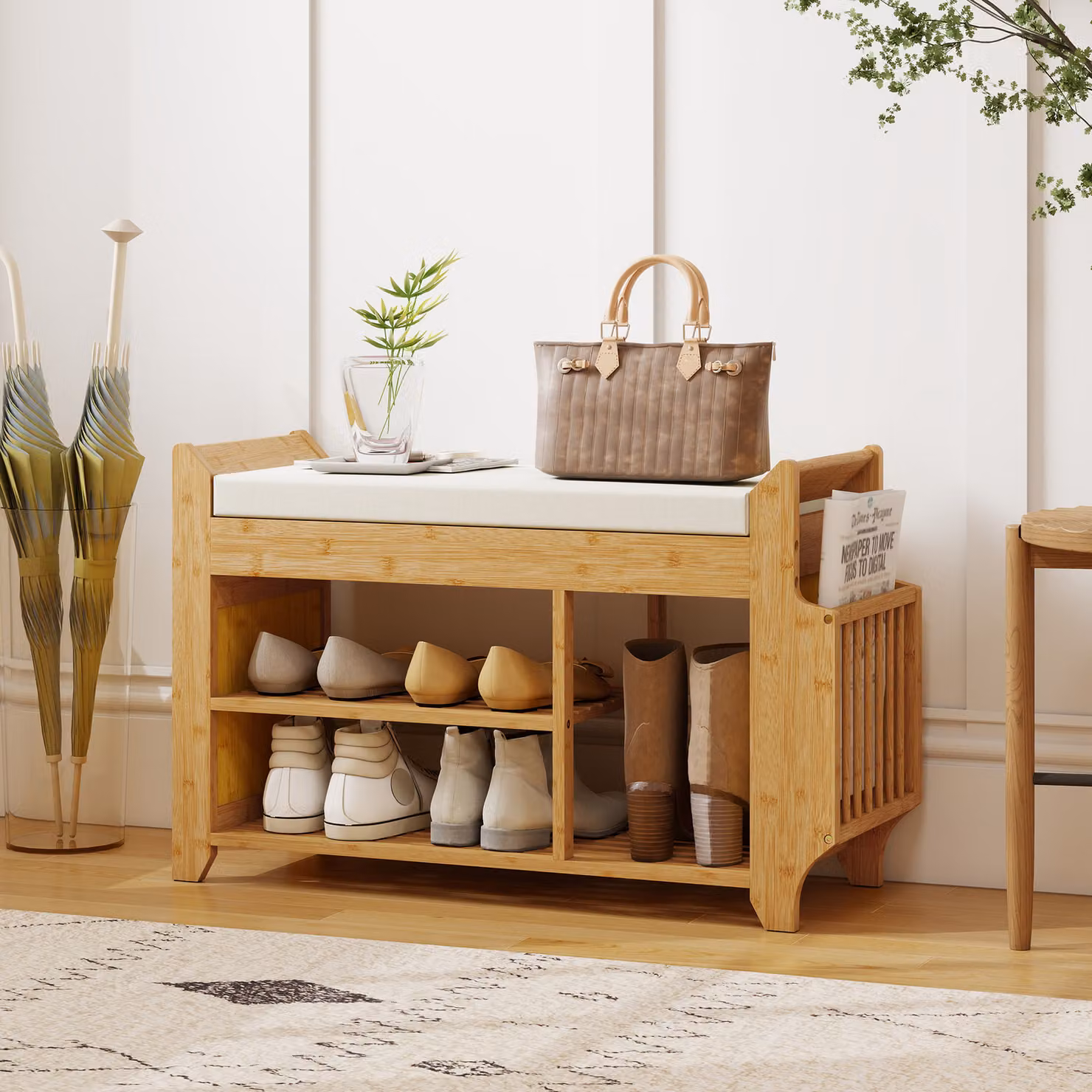 Panca Scarpiera HOMCOM in Bambù Naturale con Seduta Imbottita Beige e Contenitore Laterale, L 80 x P 30 x H 50 cm – 2