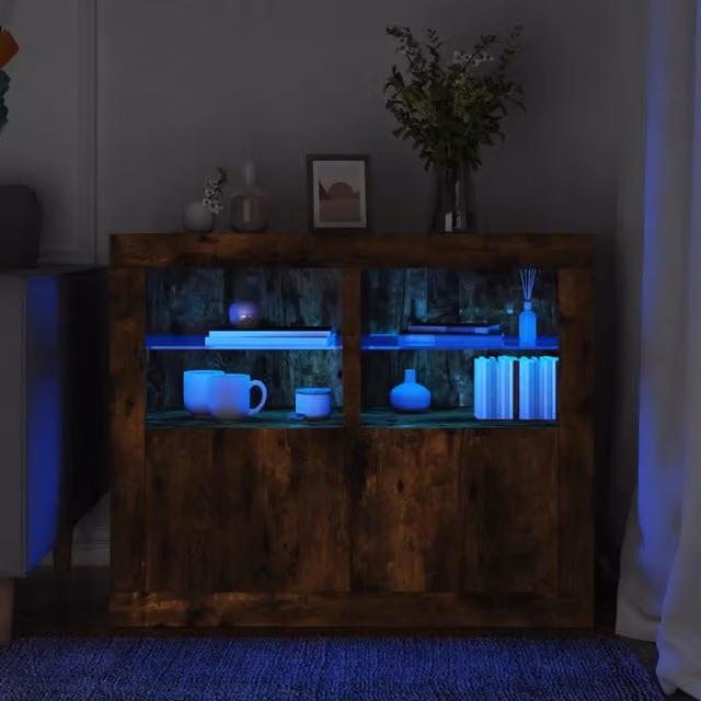 Set di 2 armadietti da parete vidaXL con luci LED integrate in legno e vetro, colore rovere fumo e marrone