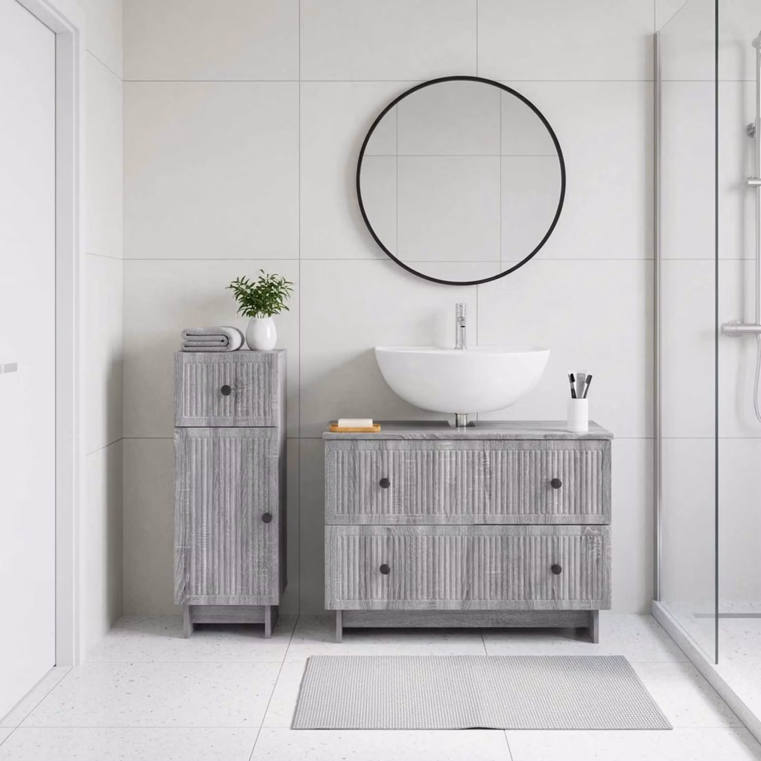 Set di 2 mobili da bagno moderni vidaXL EDE in legno MDF grigio opaco con ante a cerniera e ripiani interni