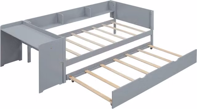 Letto singolo 90x200 cm grigio in pino e MDF con letto estraibile, scrivania e 3 ripiani laterali