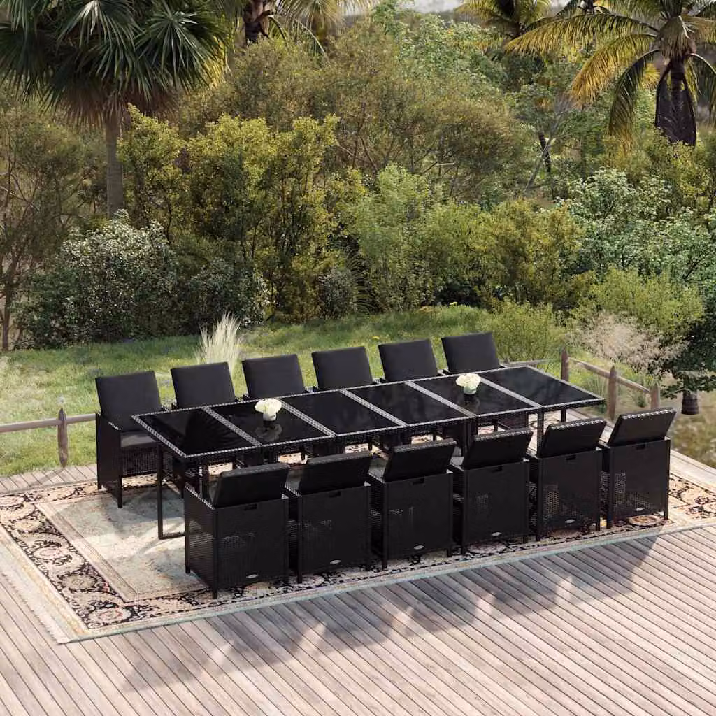 vidaXL Set da Pranzo per Giardino Moderno in Polyrattan Nero con Cuscini e Tavolo in Vetro, 13 pz