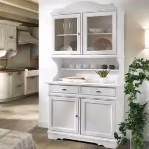 Credenza cristalliera KIVIO in legno con ante in vetro stile shabby chic bianco L/P/H: 105 x 52 x 210 cm