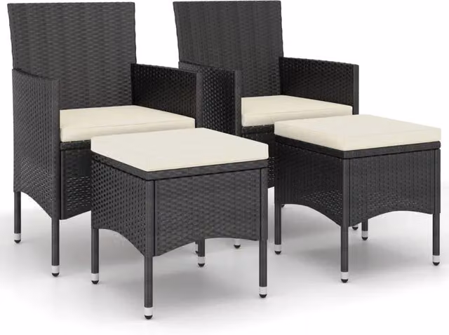 Set di 4 Sedie da Giardino in Polyrattan con Cuscini Bianchi e Struttura in Metallo Nero