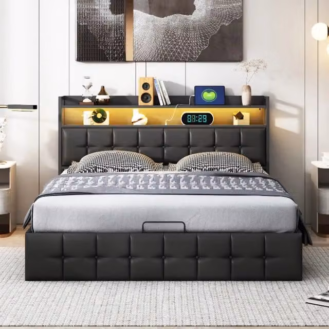 Letto Contenitore Matrimoniale 140x200 cm; Letto imbottito con LED e USB; Letto idraulico con Rete a doghe e Testiera con Contenitore; PU; Nero
