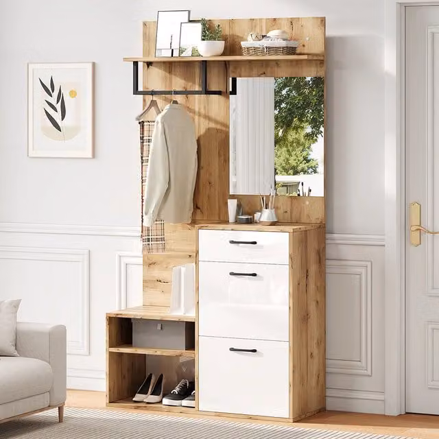 Vestiaire con specchio e panchina - Xylo - 100x38,5x190 cm - Bianco e legno naturale - Compatto, con cassetto e 2 armadi, ampio spazio