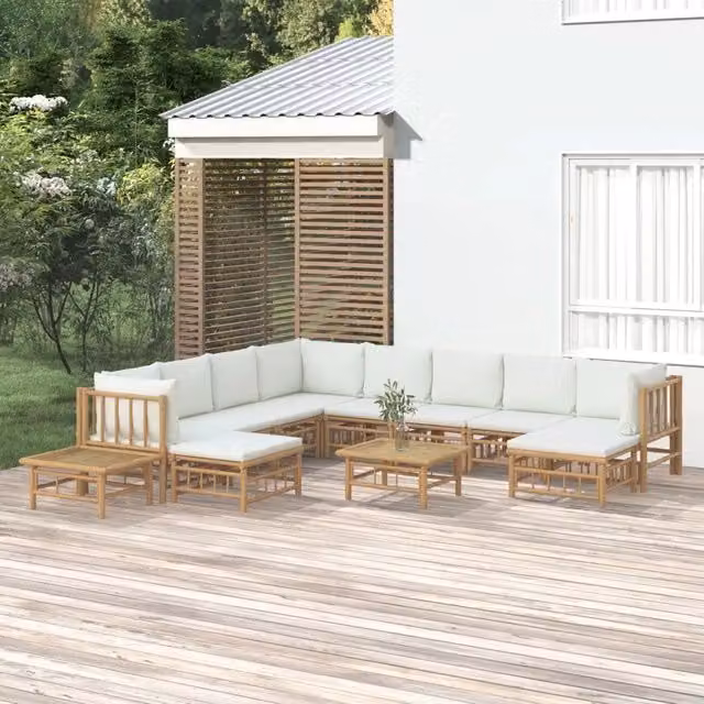 Set Salotto da Giardino vidaXL in Bambu con Cuscini Bianco e Beige 12 Pezzi